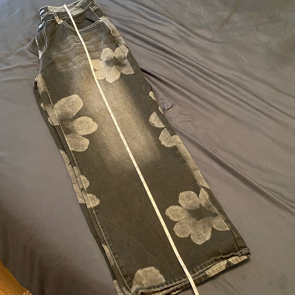 Floral Print Wide Leg Jeans - Black with Washed White Flowers - Picture 8 of 15